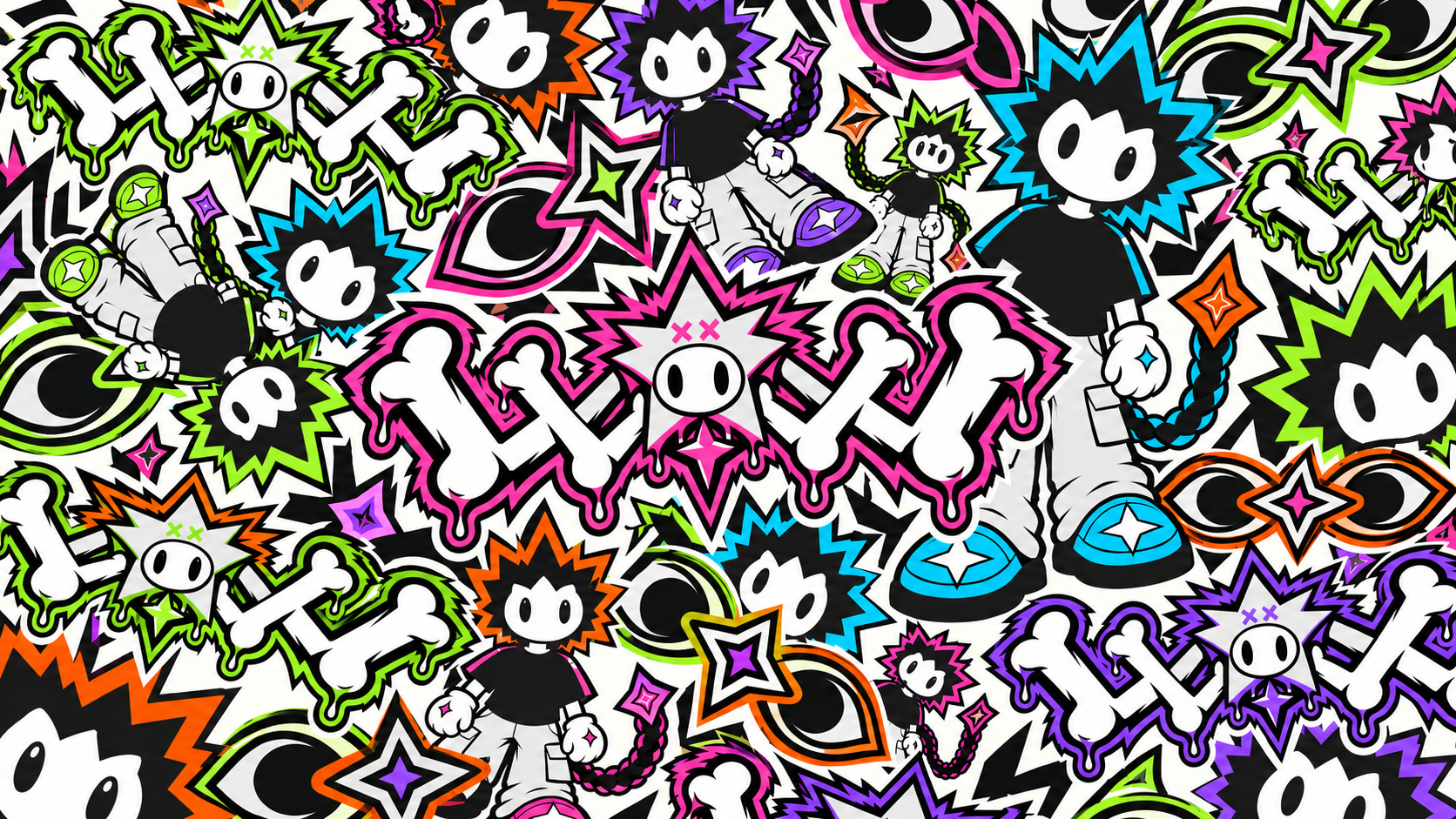 WIWW original collage: star-headed mascots, intertwined lettering and eye-star symbols in cyan, pink, lime, violet and orange.
