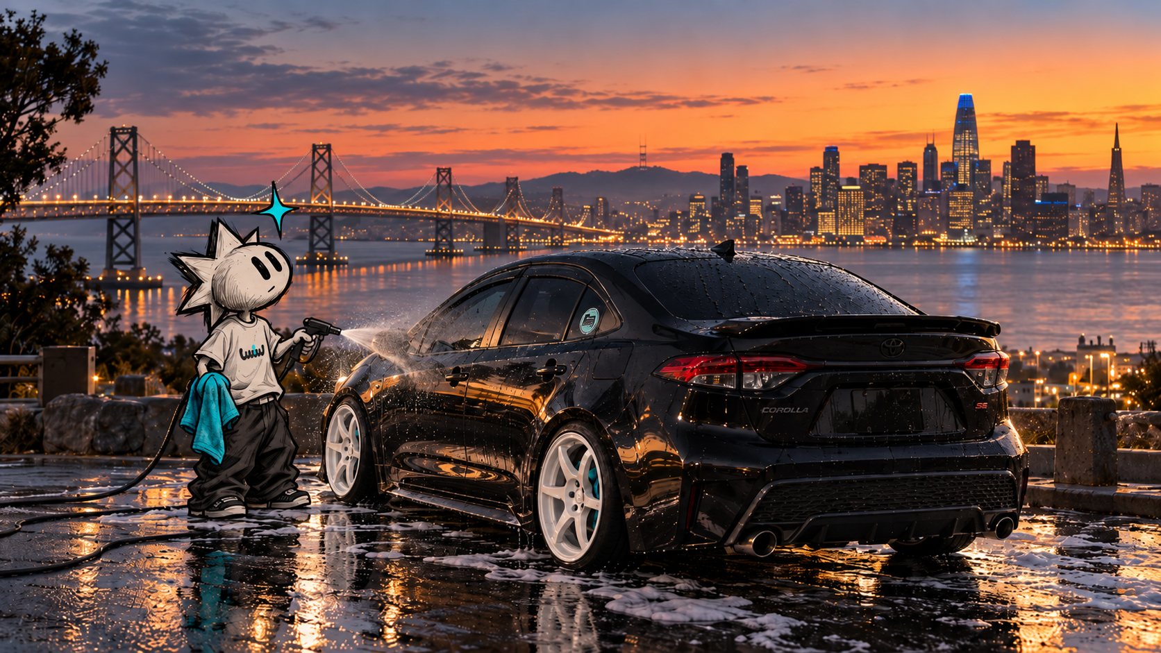 Black Corolla beside San Francisco Bay · brand illustration