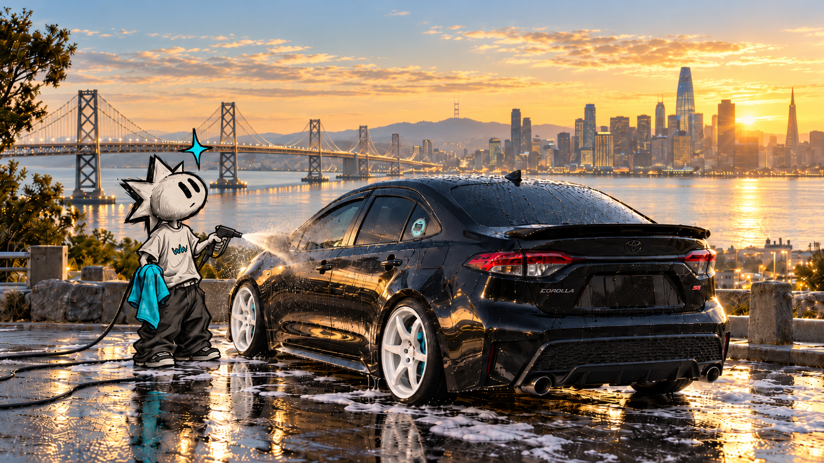 Black Corolla at sunrise by San Francisco Bay · brand illustration